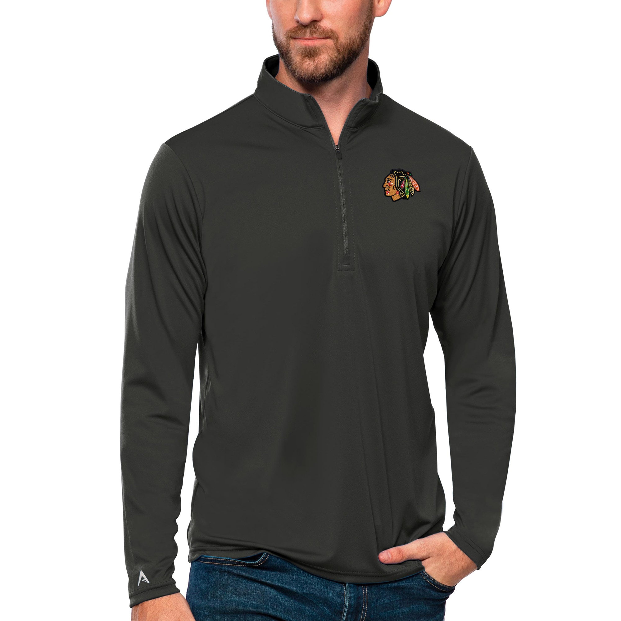 Men's Antigua Charcoal Chicago Blackhawks Tribute Quarter-Zip Pullover Top